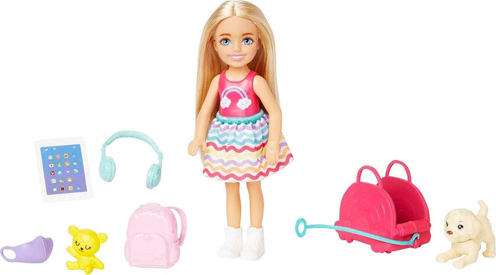 Barbie Chelsea-Puppe und 6 Zubehörteile, Reiseset mit Welpe, Transportbox und Rucksack