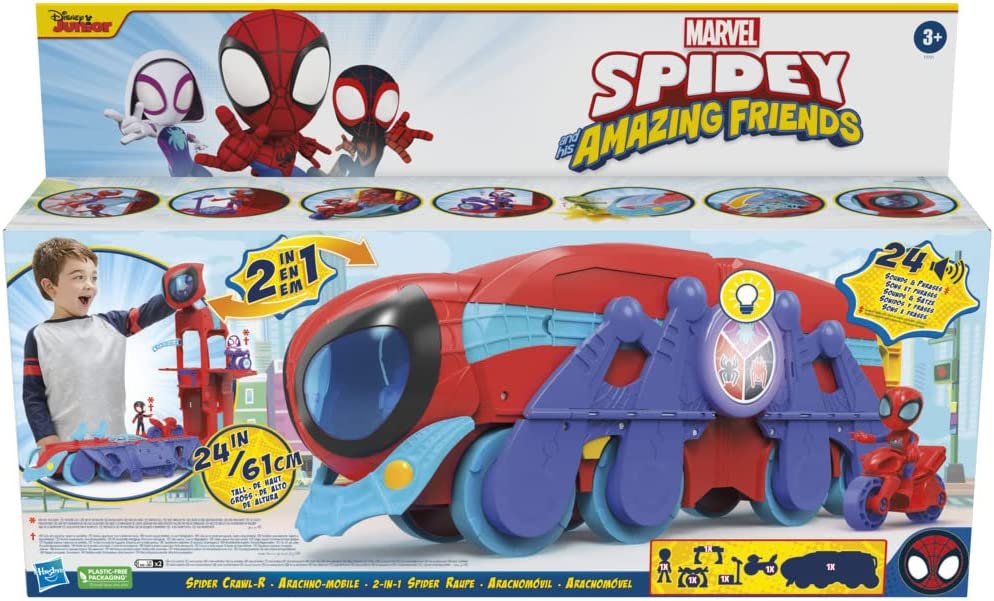 Hasbro Marvel Spidey and His Amazing Friends Spider Crawl-R 2-in-1 Deluxe Headquarters Playset - Vehicle to Tower with Lights & Sounds