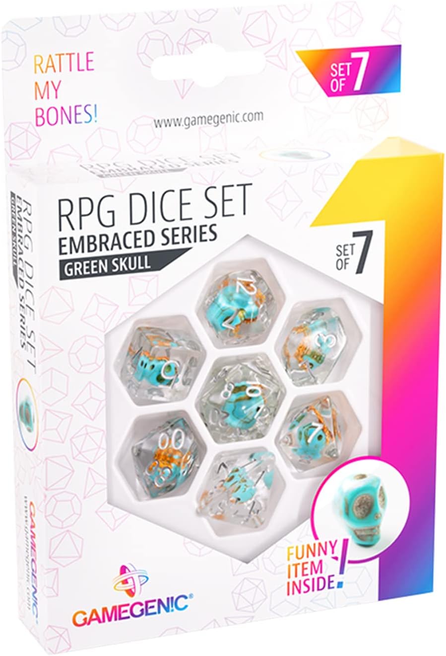 Gamegenic Embraced Series Green Skull RPG Dice Set | 7-Piece Resin Dice with Rounded Edges