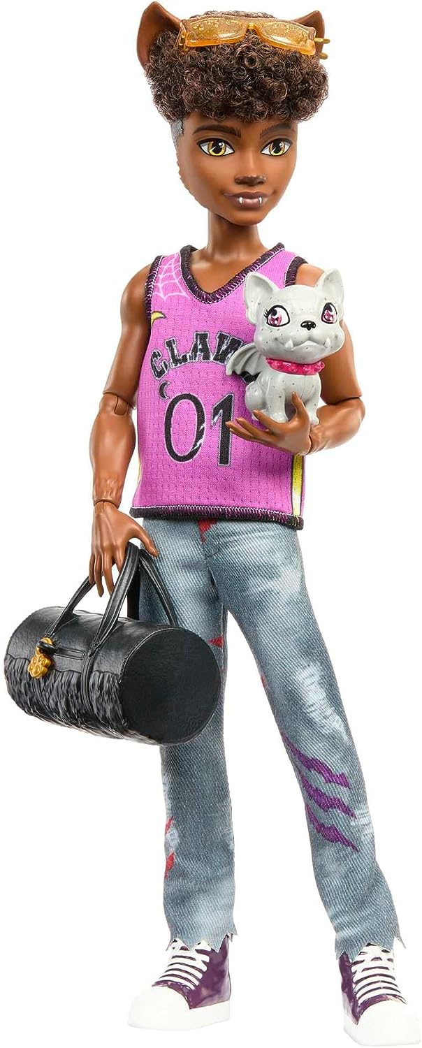 Monster High-Puppe, Clawd-Wolf-Puppe mit Haustier-Gargoyle-Bulldogge und thematischem Zubehör