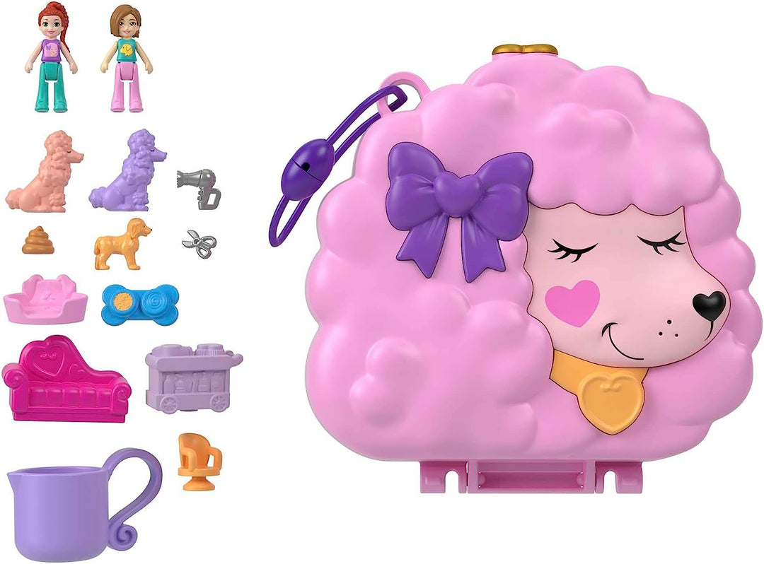 Polly Pocket-Puppen und Spielset, Tierspielzeug, kompaktes Spielset „Bräutigam &amp; Glam-Pudel“.
