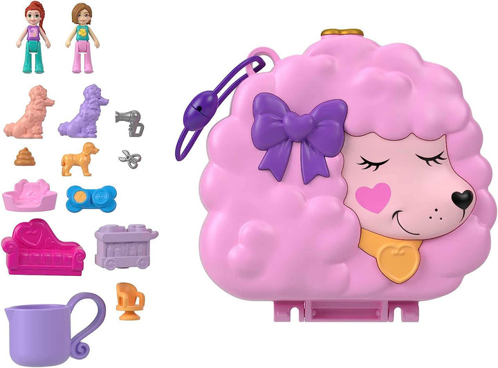 Polly Pocket-Puppen und Spielset, Tierspielzeug, kompaktes Spielset „Bräutigam &amp; Glam-Pudel“.