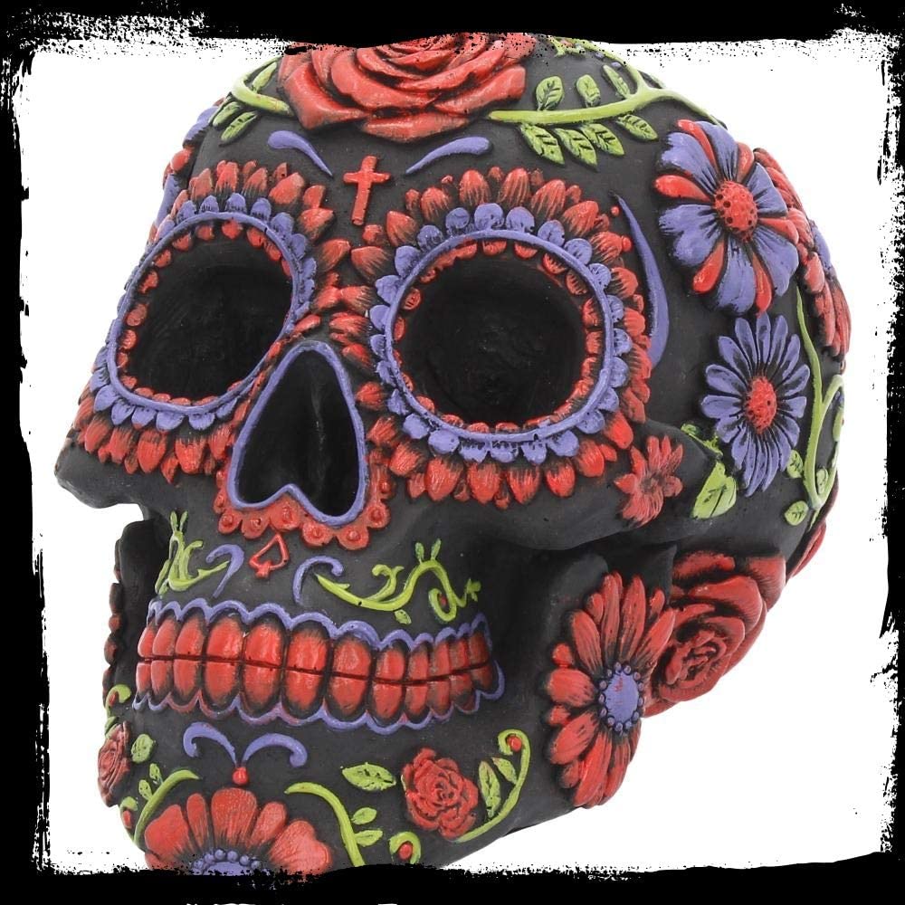 Nemesis Now B3621J7 Totenkopf aus Kunstharz mit traditionellen Blumendekorationen, Schwarz, 18. Jh