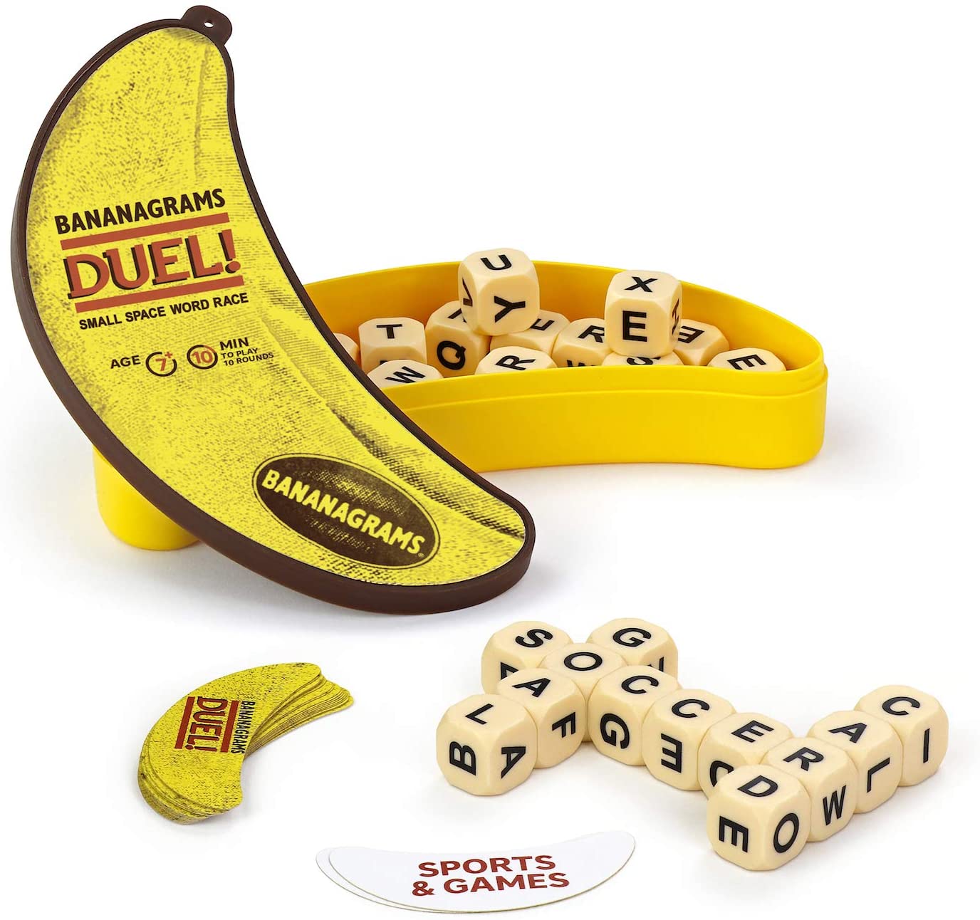 BANANAGRAMS Duel Word Game for Two Players with 24 Letter Dice and Banana-Themed Challenge Cards