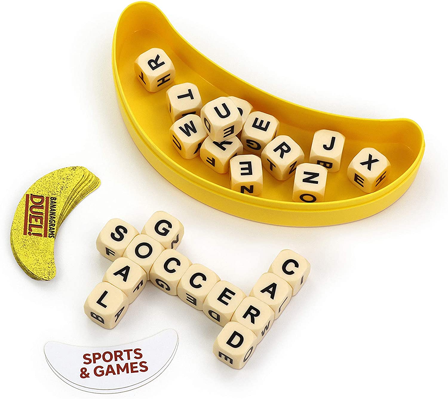 BANANAGRAMS Duel Word Game for Two Players with 24 Letter Dice and Banana-Themed Challenge Cards 3
