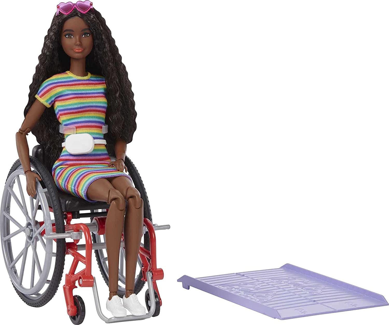 Barbie Fashionistas Doll #166 with Wheelchair & Crimped Brunette Hair - Rainbow Dress, 22 Joints