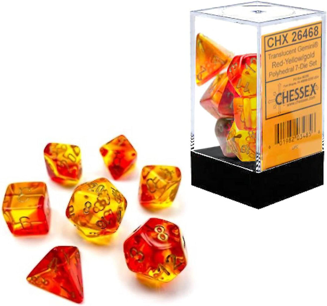 Chessex Gemini Translucent Dice Set 7 polyedrische Würfel rot und gelb mit Gold,