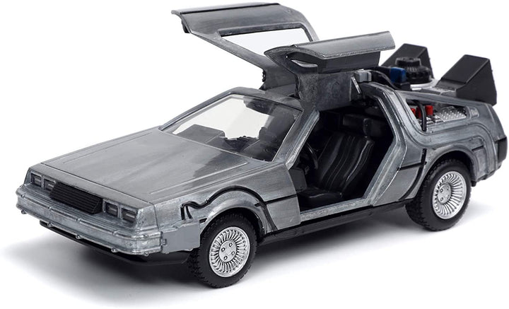 Jada Toys 253252017 Time Machine Zurück in die Zukunft 1, Druckgussauto mit aufklappbaren Türen, Maßstab 1:32, Metallic-Silber