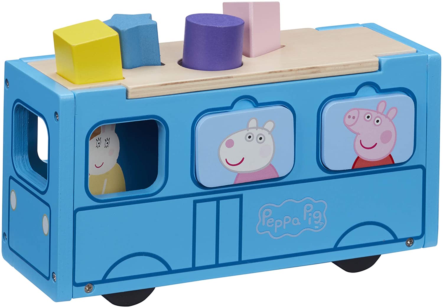 Peppa Pig Wooden School Bus - Push Along Shape Sorter with Magnetic Windows & Miss Rabbit Figure