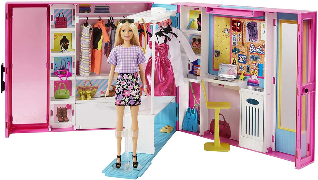 Barbie Dream Closet &amp; Blonde Barbie Doll – Erweiterbarer Kleiderschrank mit rotierender Kleidung