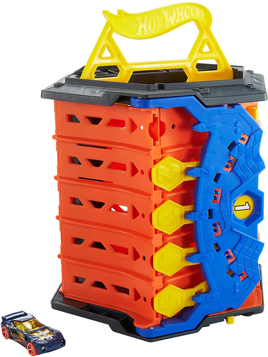Hot Wheels Roll Out Raceway Track Set, Aufbewahrungseimer lässt sich in eine 5-spurige Rennstrecke für das Spielen mit mehreren Autos ausrollen, lässt sich mit anderen Sets verbinden
