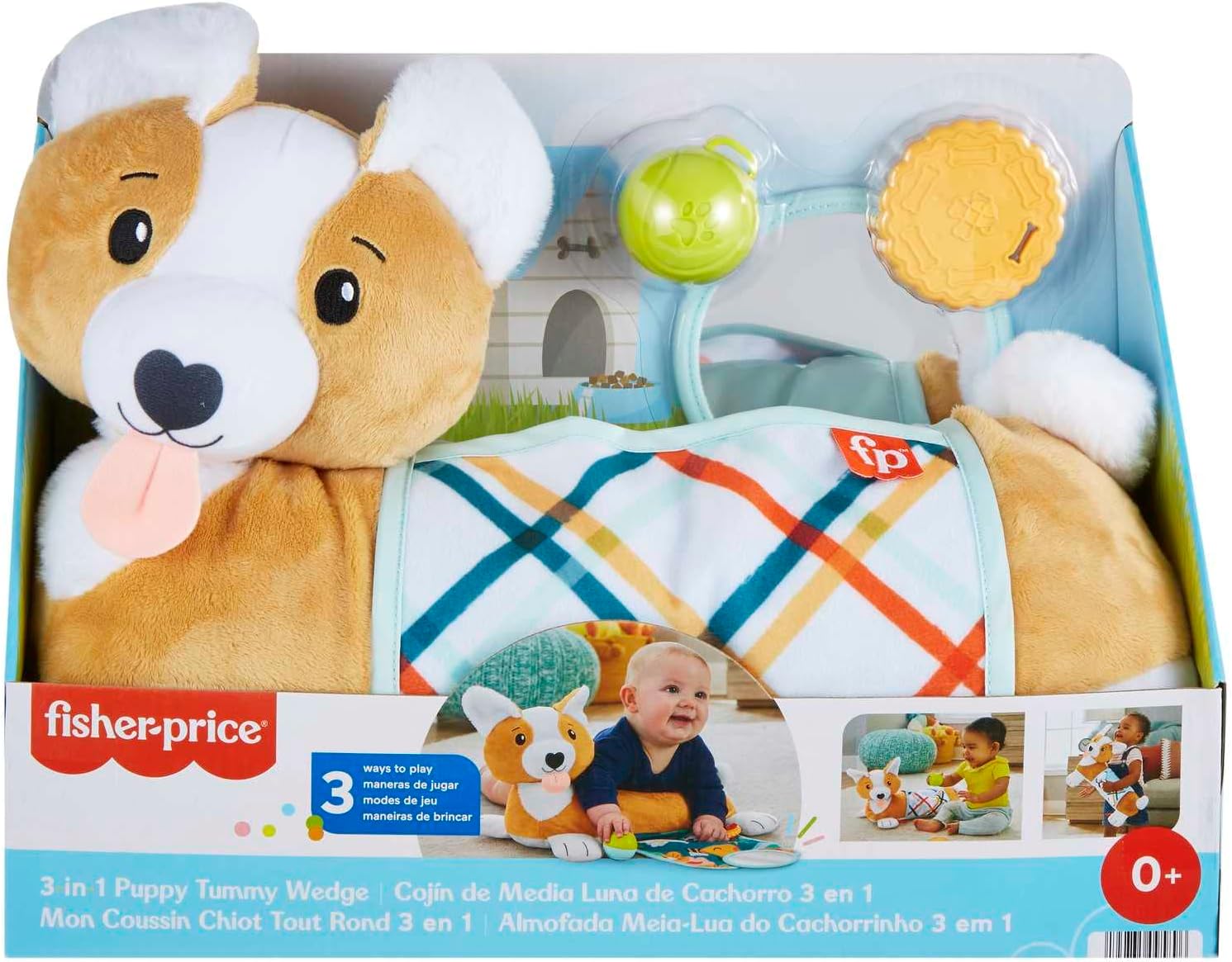 Fisher-Price 3-in-1 Puppy Tummy Time Wedge - Plush Support with Rattle, Teether & Mirror 3