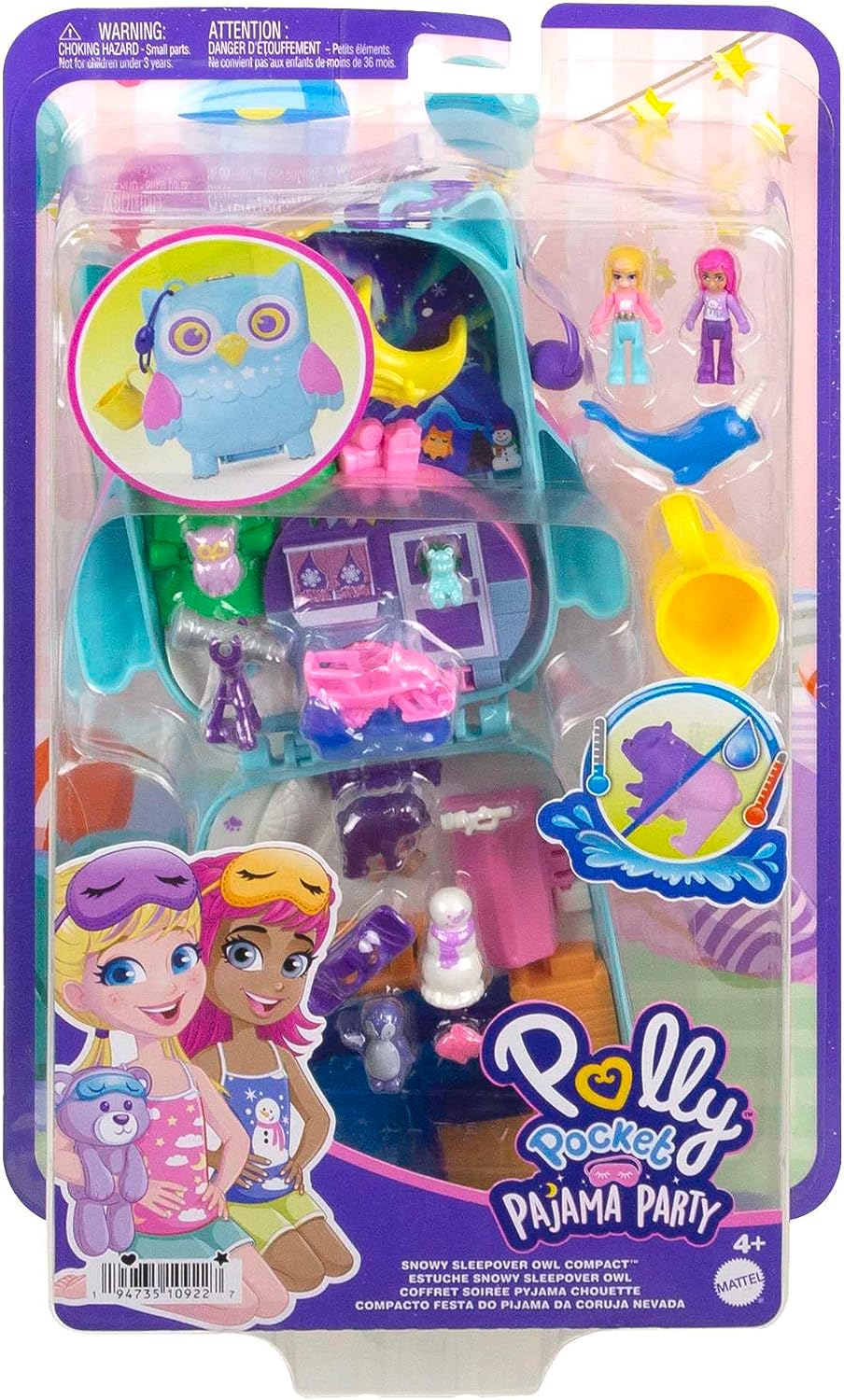 Polly Pocket Puppen und Spielset, Tierspielzeug, Pyjama-Party, Snowy Sleepover Owl Co