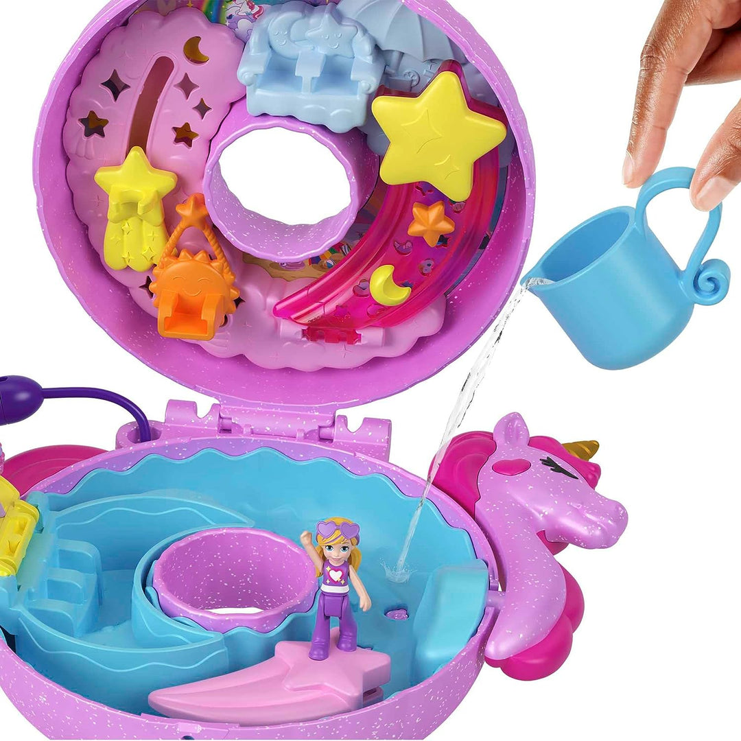 Polly Pocket-Puppen und Spielset, 12 Zubehörteile, Einhorn-Floatie-Kompaktdose mit Wat