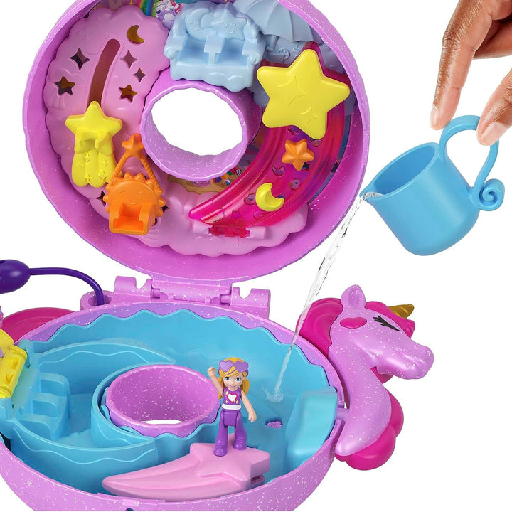 Polly Pocket-Puppen und Spielset, 12 Zubehörteile, Einhorn-Floatie-Kompaktdose mit Wat