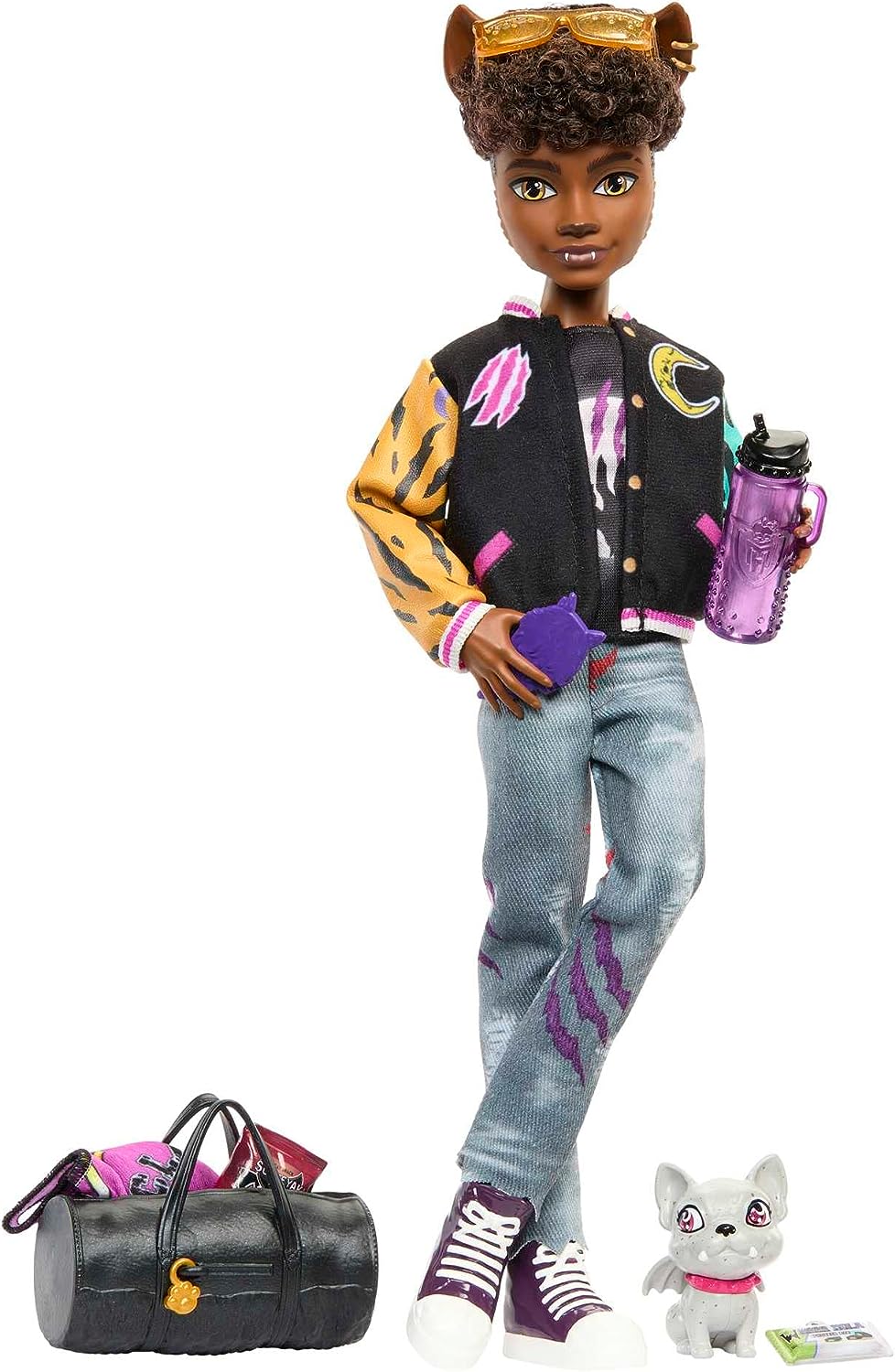 Monster High-Puppe, Clawd-Wolf-Puppe mit Haustier-Gargoyle-Bulldogge und thematischem Zubehör