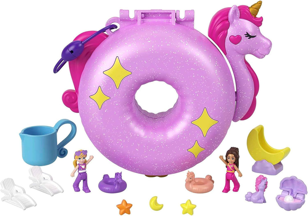 Polly Pocket-Puppen und Spielset, 12 Zubehörteile, Einhorn-Floatie-Kompaktdose mit Wat