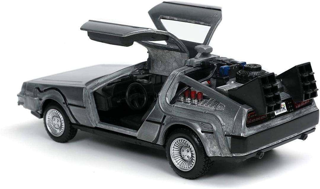Jada Toys 253252017 Time Machine Zurück in die Zukunft 1, Druckgussauto mit aufklappbaren Türen, Maßstab 1:32, Metallic-Silber