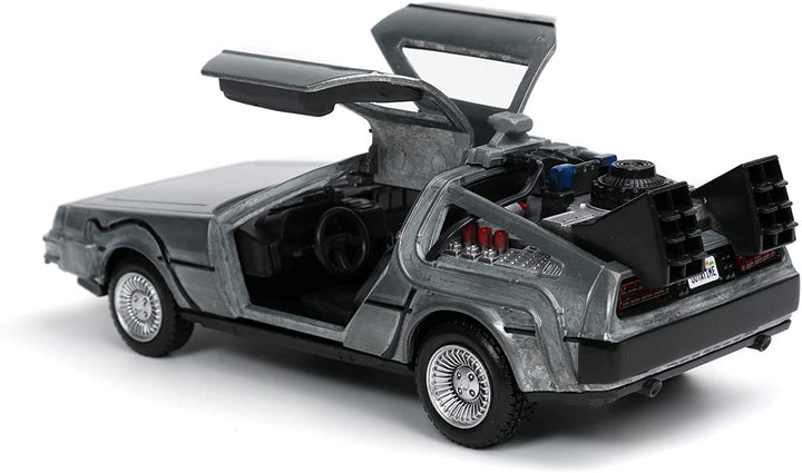 Jada Toys 253252017 Time Machine Zurück in die Zukunft 1, Druckgussauto mit aufklappbaren Türen, Maßstab 1:32, Metallic-Silber