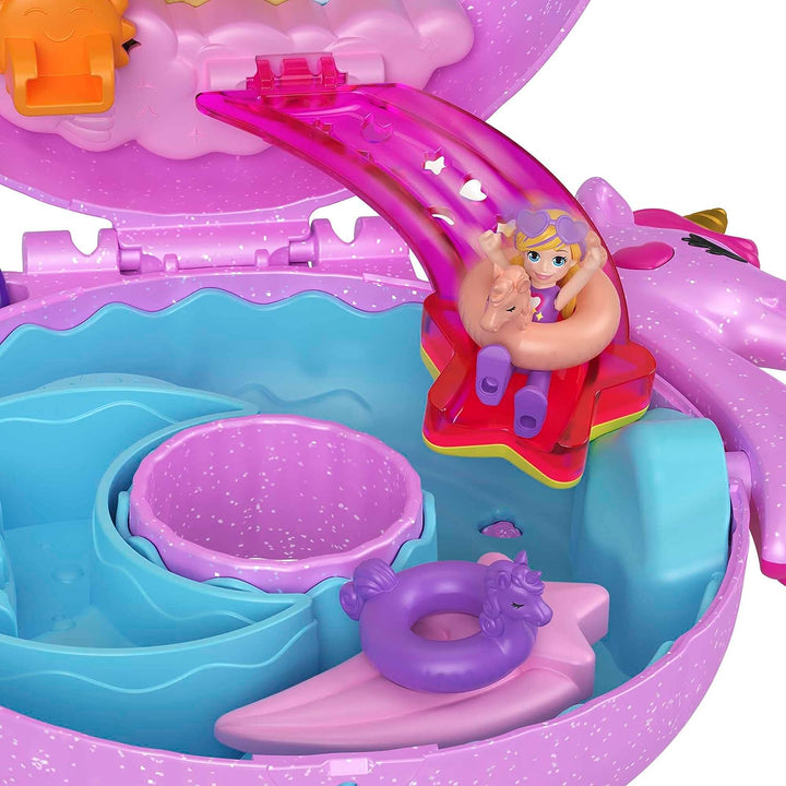 Polly Pocket-Puppen und Spielset, 12 Zubehörteile, Einhorn-Floatie-Kompaktdose mit Wat