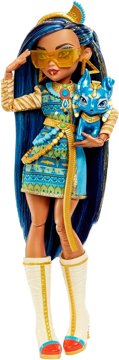 Monster High Puppe, Cleo De Nile mit Zubehör und Hund, bewegliche Modepuppe