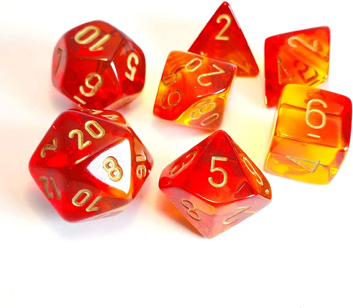 Chessex Gemini Translucent Dice Set 7 polyedrische Würfel rot und gelb mit Gold,