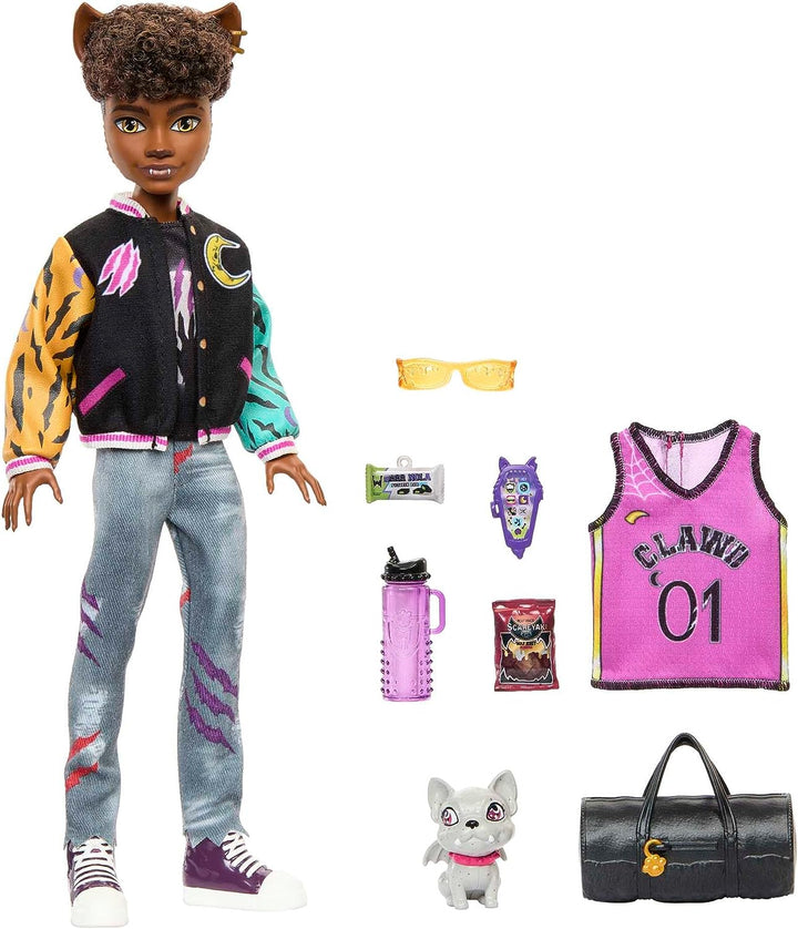 Monster High-Puppe, Clawd-Wolf-Puppe mit Haustier-Gargoyle-Bulldogge und thematischem Zubehör