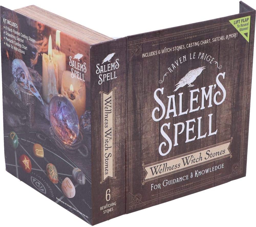 Nemesis Now Salem's Spell Kit Set mit sechs Hexen-Wellnesssteinen in verziertem Bo