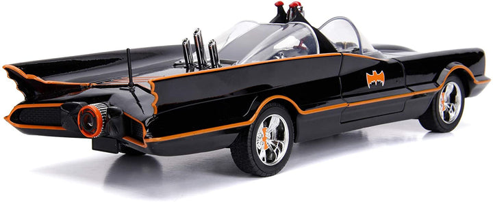 Jada Toys 253216001 Batman, klassisches Batmobil, Modellauto im Maßstab 1:18 mit zu öffnenden Türen, Kofferraum und Motorhaube, inklusive Batman- und Robin-Figur aus Druckguss, Schwarz, Mehrfarbig, Einheitsgröße