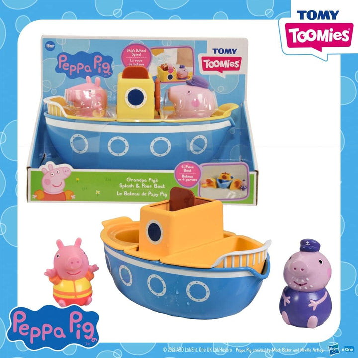 TOMY E73414 Toomies Opa Pig's Splash &amp; Pour Boot – 4-teiliges Badezeit-Peppa-Remo