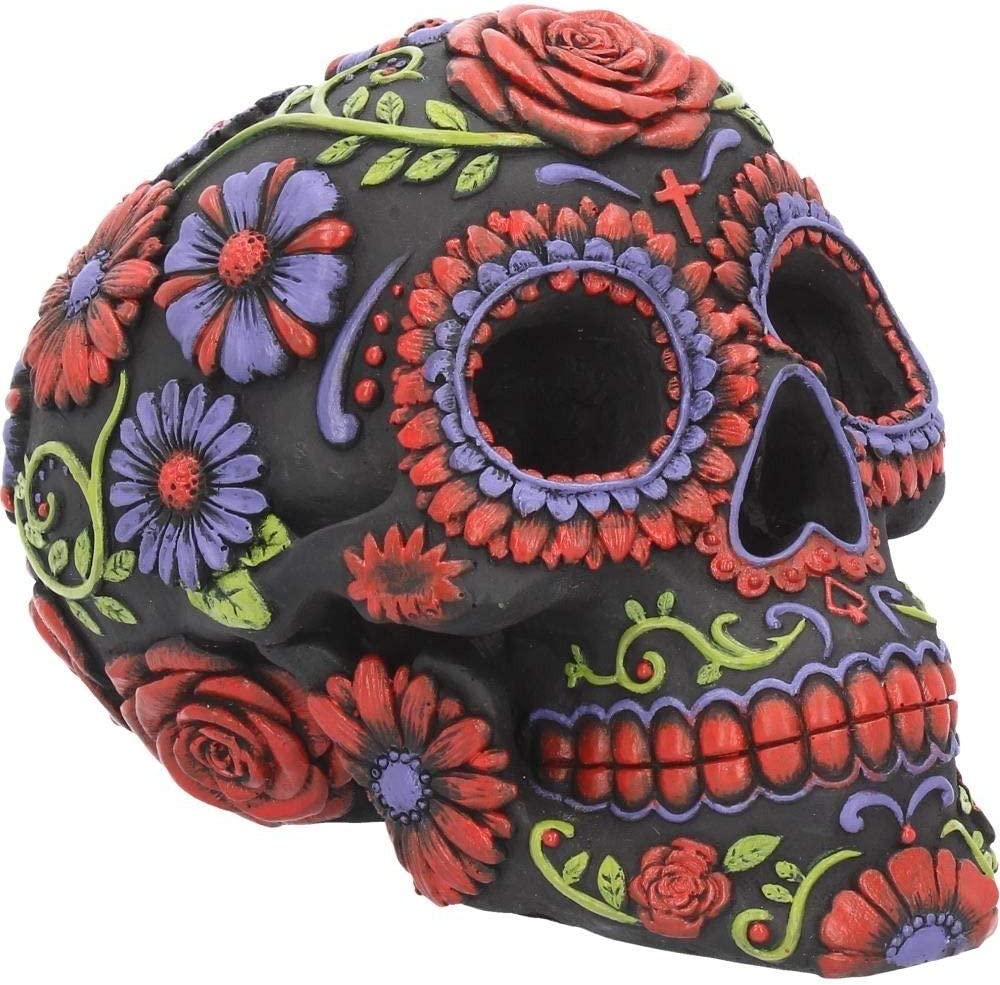 Nemesis Now B3621J7 Totenkopf aus Kunstharz mit traditionellen Blumendekorationen, Schwarz, 18. Jh