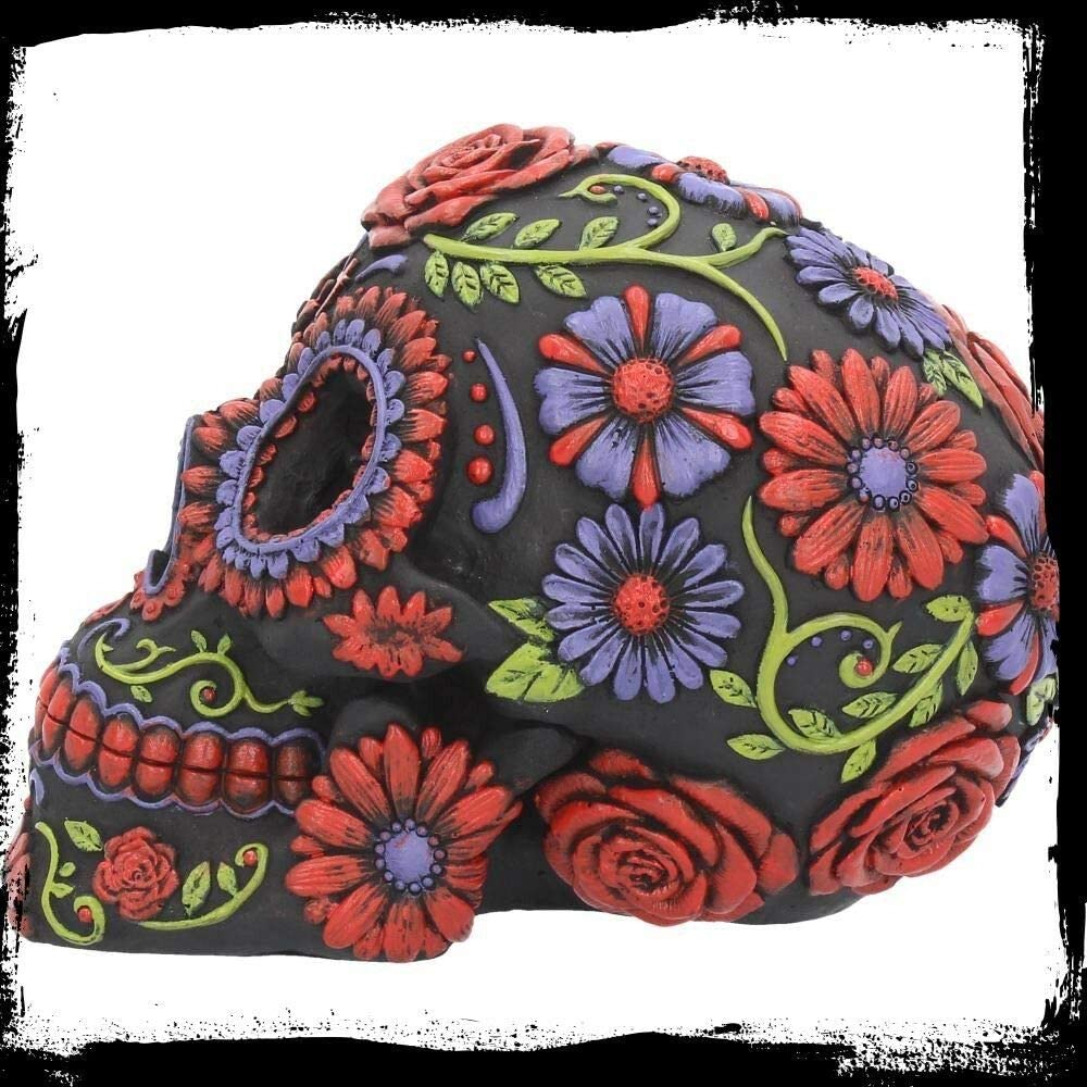 Nemesis Now B3621J7 Totenkopf aus Kunstharz mit traditionellen Blumendekorationen, Schwarz, 18. Jh