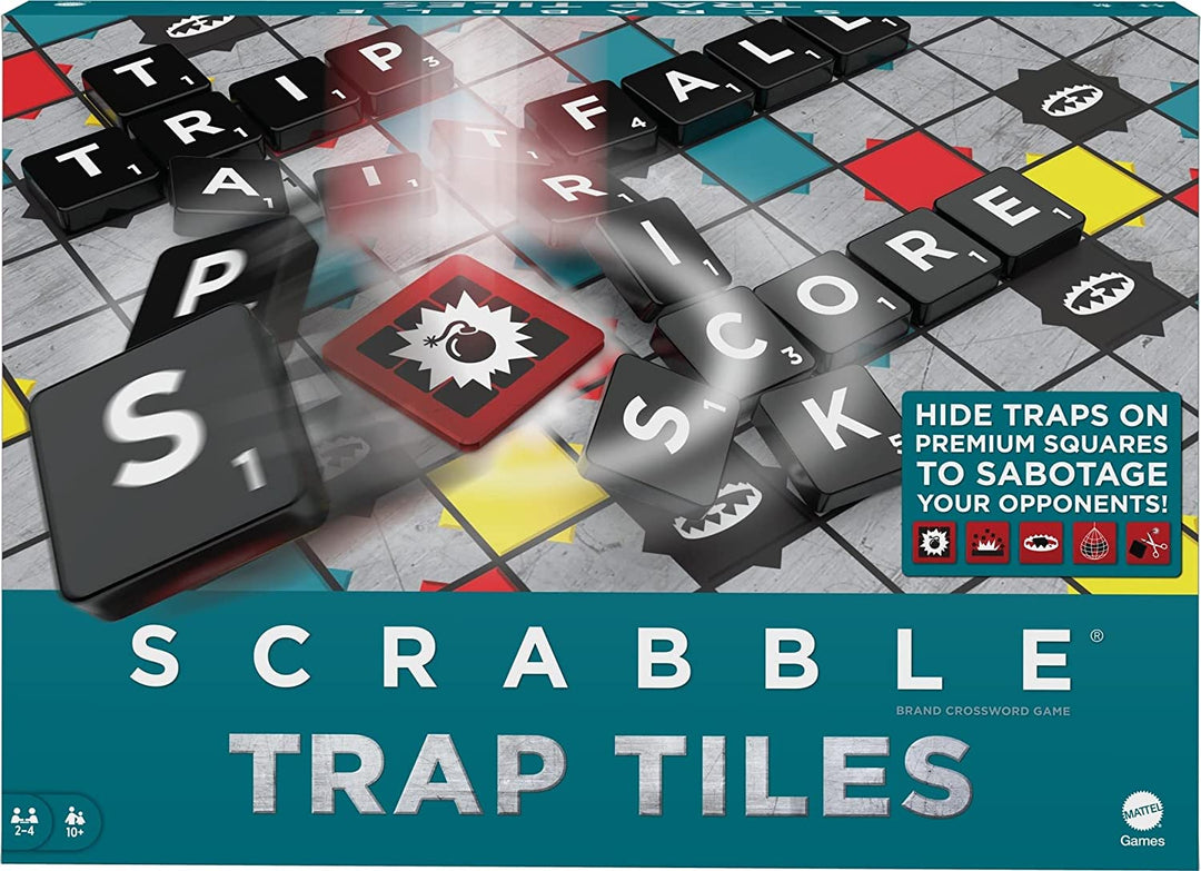 Scrabble Trap Tiles Familienbrettspiel mit Fallen, Auslöseplättchen, Gestellen und Kachelba