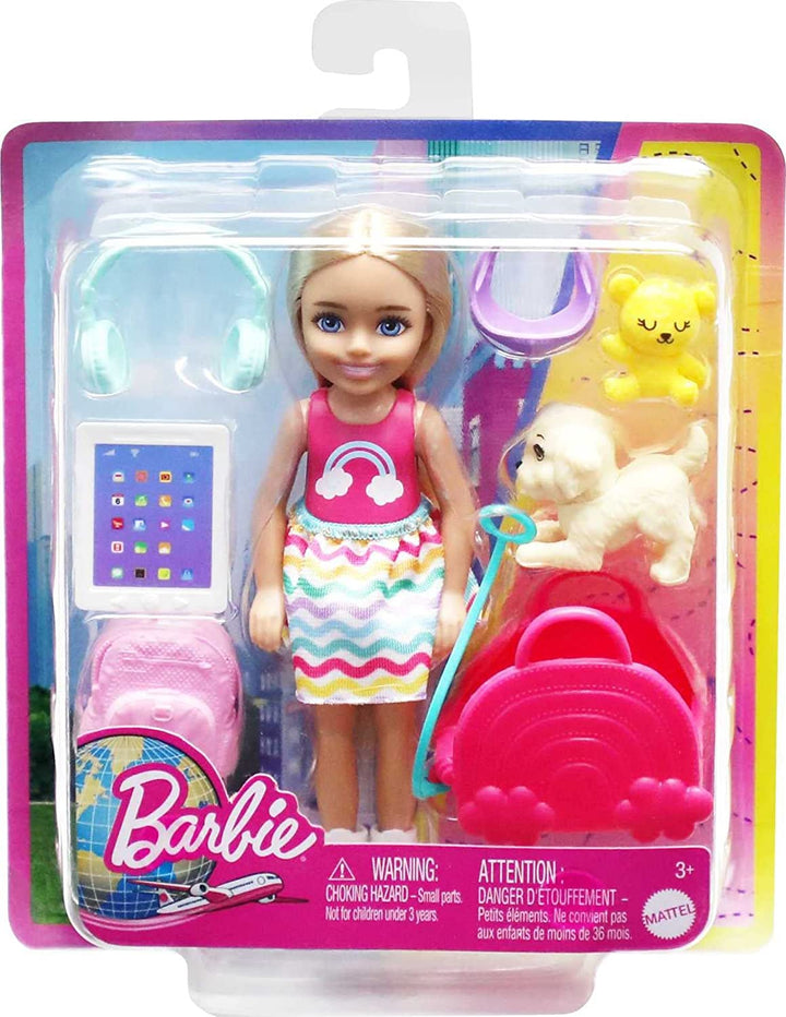 Barbie Chelsea-Puppe und 6 Zubehörteile, Reiseset mit Welpe, Transportbox und Rucksack