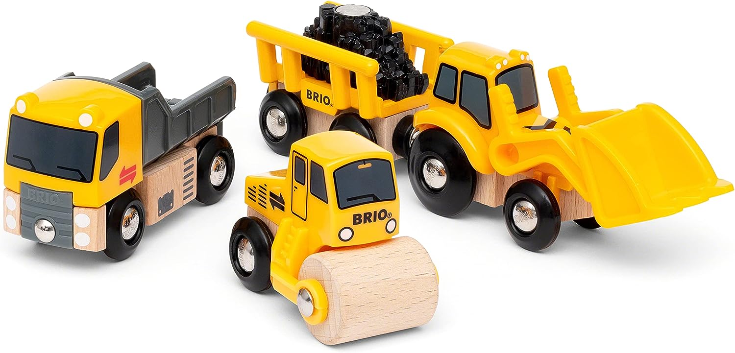 BRIO 33658 Construction Vehicles Train Set - 5-Piece Wooden Toy Truck Set for Kids 5