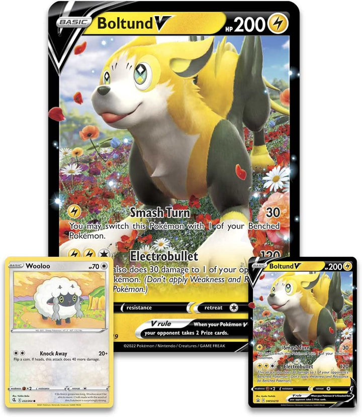 Pokemon TCG: Boltund V Box (2 Folien-Promokarten, 1 Folien-Übergrößekarte und 4 Booster).