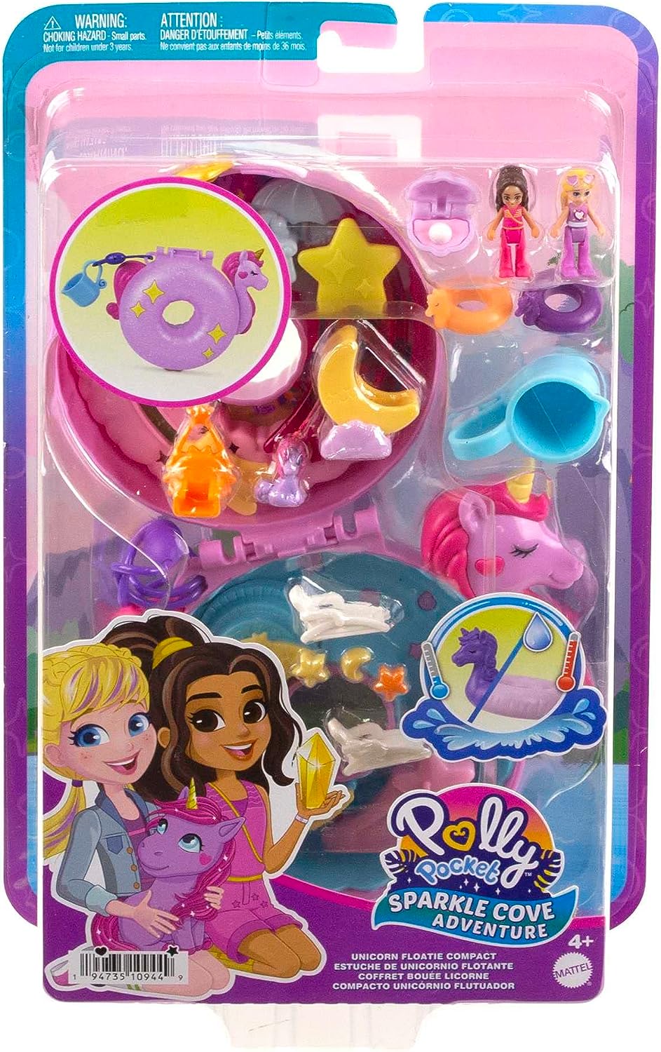 Polly Pocket-Puppen und Spielset, 12 Zubehörteile, Einhorn-Floatie-Kompaktdose mit Wat