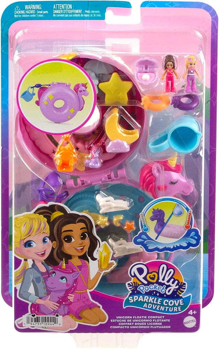 Polly Pocket-Puppen und Spielset, 12 Zubehörteile, Einhorn-Floatie-Kompaktdose mit Wat