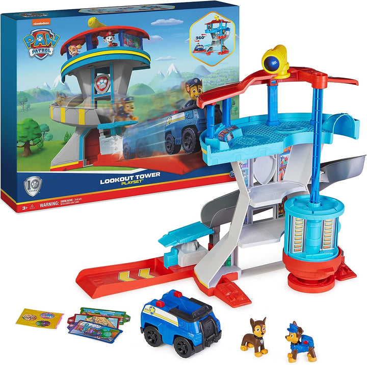 Paw Patrol Lookout Tower Spielset mit Spielzeugauto-Werfer, 2 Chase-Actionfiguren,