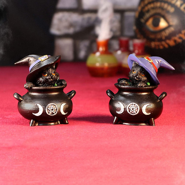 Nemesis Now Hubble und Bubble Witches Vertraute schwarze Katze und Kesselfiguren