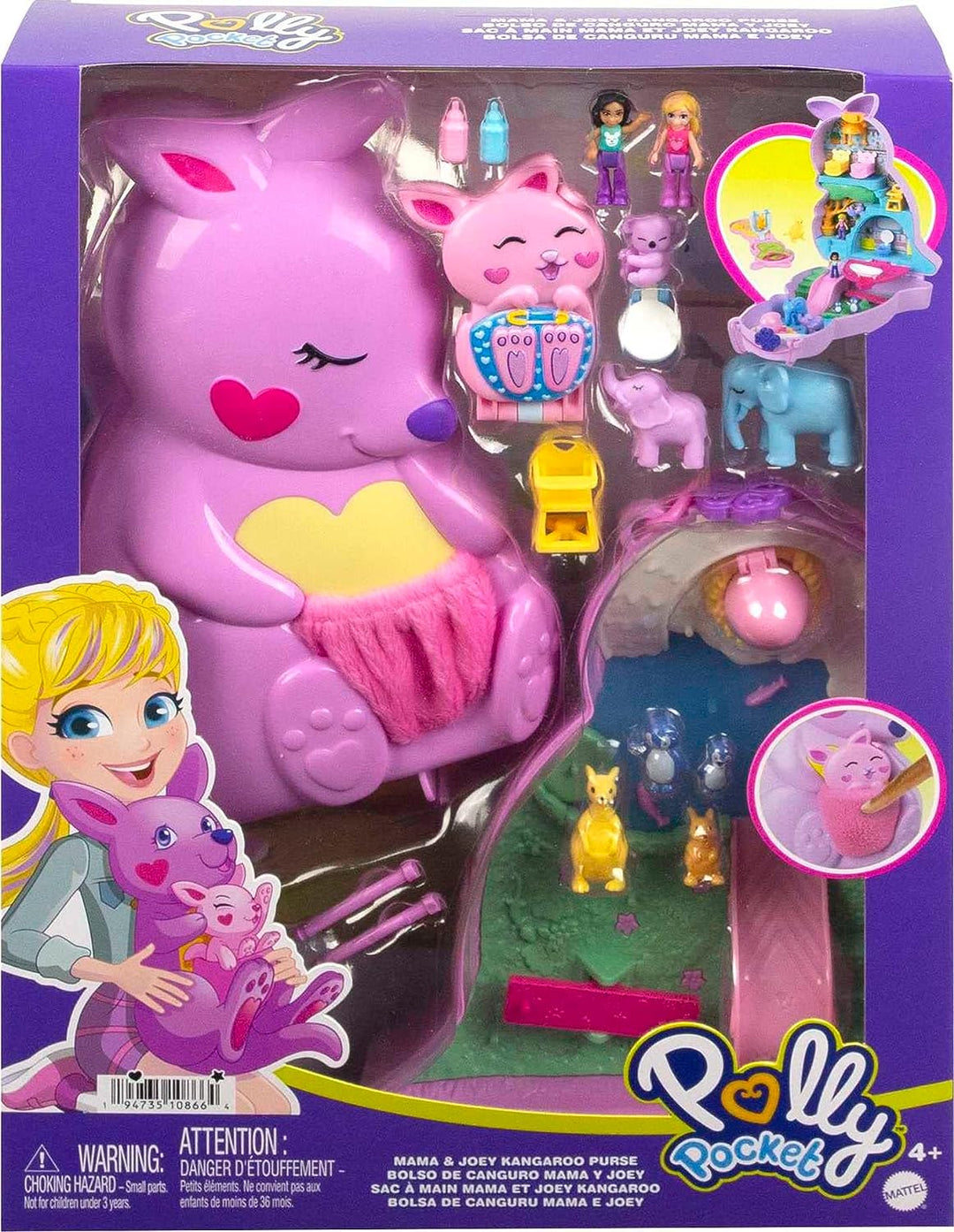 ?Polly Pocket Mini Toys, Mama und Joey Känguru-Geldbörse, 2-in-1-Kompaktspielset mit