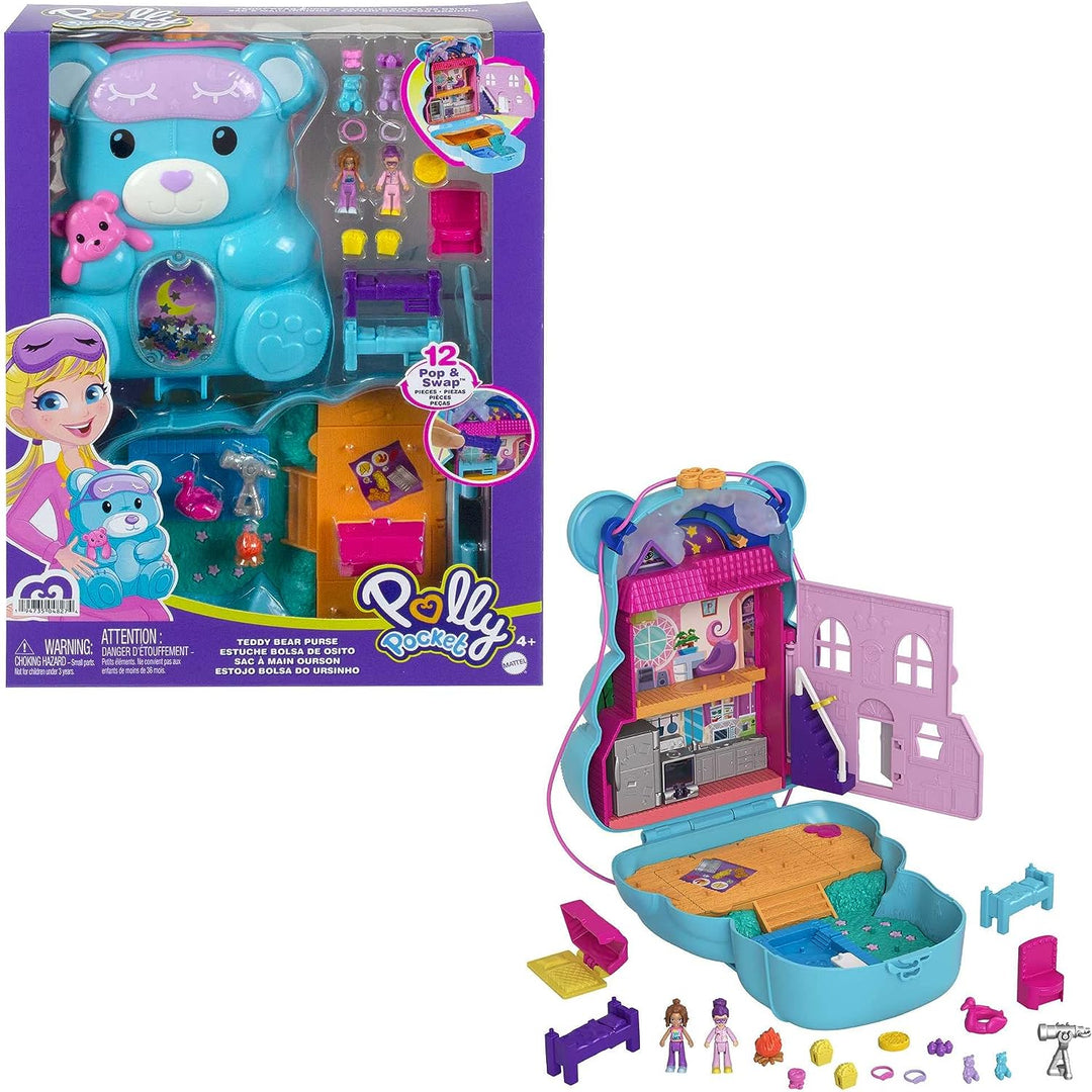 Polly Pocket Teddybär-Geldbörse, kompakt, 2 Mikropuppen, 16 Zubehörteile, Pop &amp; Swap
