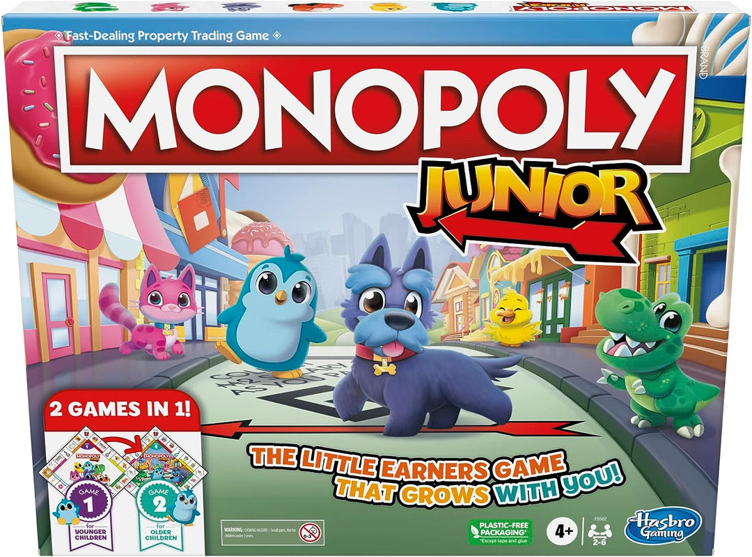 Monopoly Junior Board Game, 2-Sided Gameboard, 2 Games in 1, Monopoly Game for Younger Children