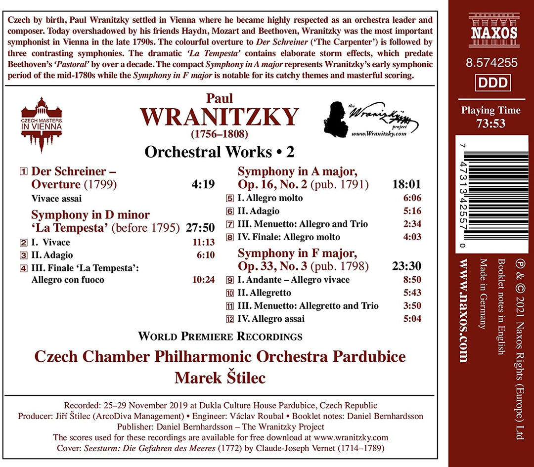 Wranitzky: Orchestral Wks 2 [Czech Chamber Philharmonic Orchestra Paradubice; Marek Stilec] [Naxos: 8574255] [Audio CD]