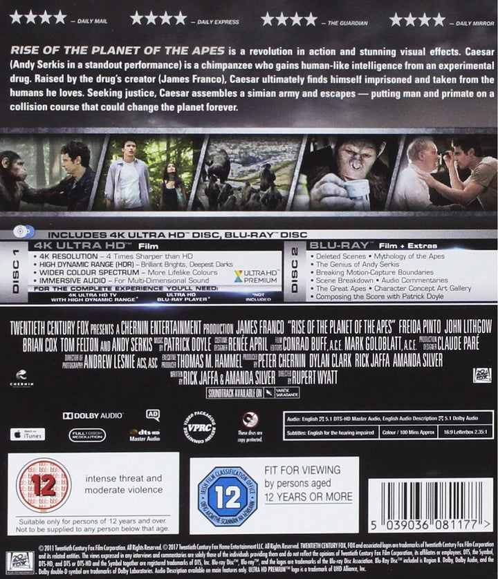 RISE OF THE PLANET OF THE APES 4K UHD+BD [2017] – Science-Fiction/Action [Blu-Ray]
