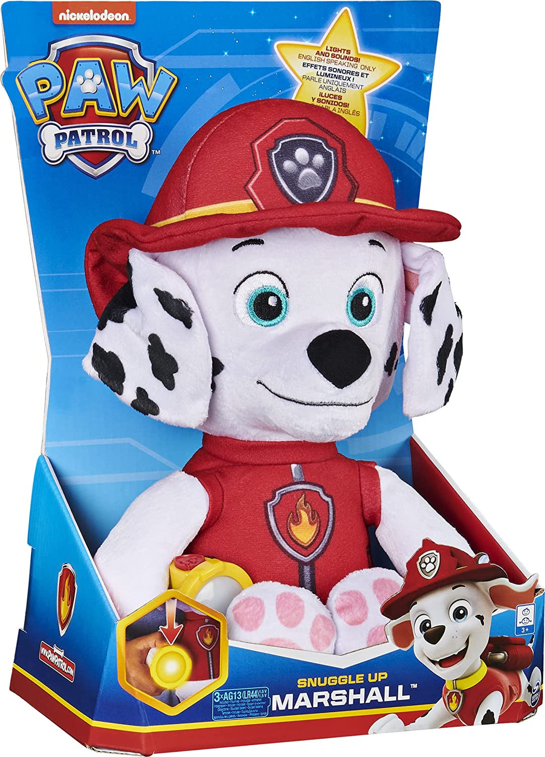Paw Patrol 6059298, Snuggle Up Marshall-knuffel met zaklamp en geluiden, voor kinderen vanaf 3 jaar