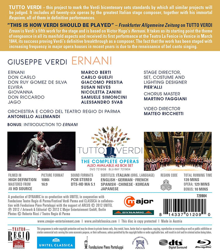 Verdi: Ernani (Parma Festival 2005) (Berti/ Guelfi/ Prestia/ Neves/ Orchestra e Coro del Teatro Regio di Parma/ Antonello Allemansi/ Pier' Alli) (C-Dur: 720904) [2012] [Region A &amp; B] [Blu -Strahl]