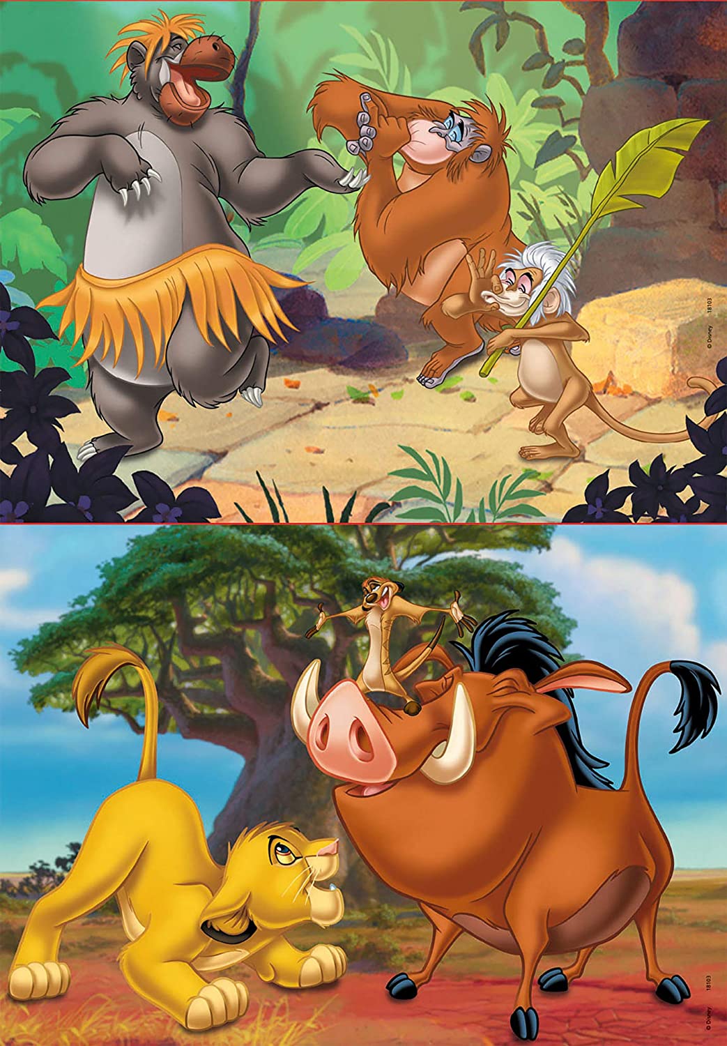 Educa 18103 Tiere Disney Alle anderen Rey Leon, el libro de la selva, Simba, Baloo 2 Puzzles x 20 Teile, Mehrfarbig