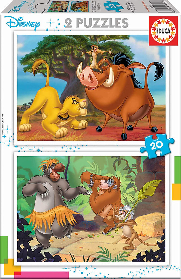 Educa 18103 Tiere Disney Alle anderen Rey Leon, el libro de la selva, Simba, Baloo 2 Puzzles x 20 Teile, Mehrfarbig