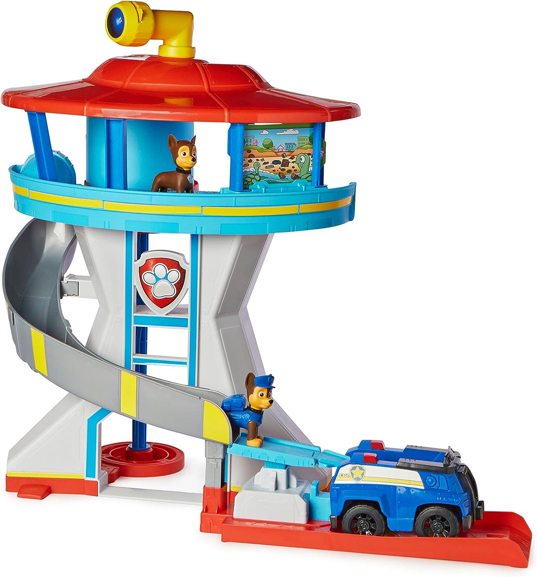 Paw Patrol Lookout Tower Spielset mit Spielzeugauto-Werfer, 2 Chase-Actionfiguren,